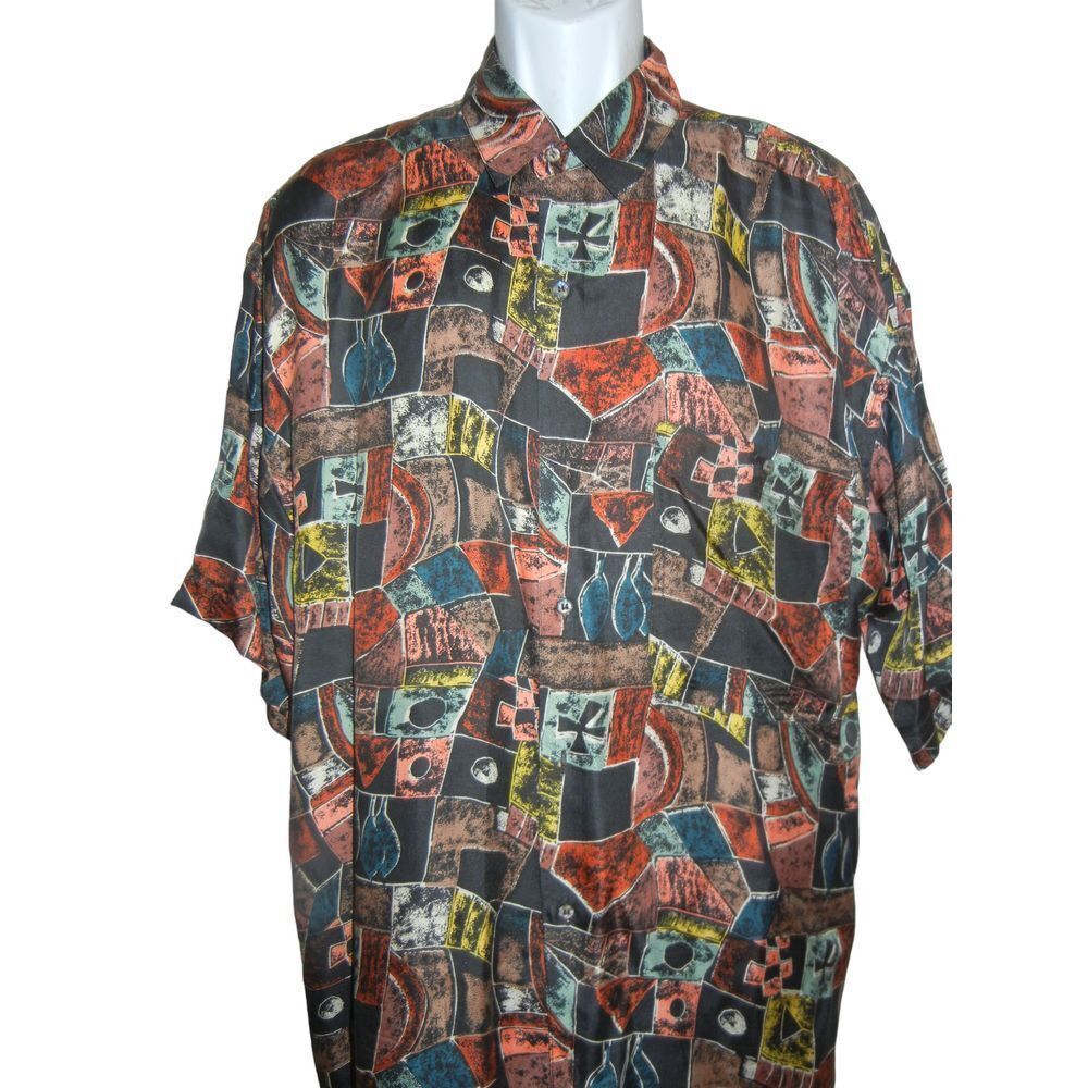 Vintage Goouch 100% Silk Button Down Shirt Men's Size LARGE Abstract Art
